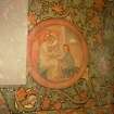 Interior. North chapel, detail of mural on north wall depicting a child being taught to read by an angel.