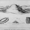 Drawing showing the excavation in 1868, section and detail of urn.
Titled: ‘Opening of the Fairy Knowe, Pendrich’.  
