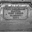 Glasgow, Kilbirnie Street, Bridge
View showing maker's plate which is inscribed 'P & W MACLELLAN CLUTHA IRON WORKS. GLASGOW 1874'