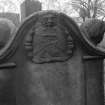 North Leith Burial Ground.
View of gravestone, Home, green man holds anchor in mouth, heads on shoulders of headstone.