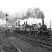 View from E showing Highland Railway Centenary Special Train passing Welsh's Bridge Signal Box and gantry