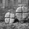 Two cross-incised stones in Inverurie Churchyard.
Original negative captioned: 'Stone Crosses in Inverurie Churchyard May 1903'.