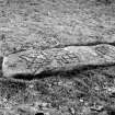 View of medieval grave-slab in kirkyard.
Original negative captioned: 'Flat Tombstone with symbols in St Meddan's Churchyard, Fintray 1911'.
