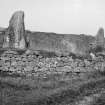 View of recumbent stone and flankers, from the south west.
Original glass negative captioned 'Auchquhorthies Stone Circle near Inverurie Rec. Stone from S.W. Nov. 1908'.