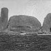 View of recumbent stone and flankers.
Original negative captioned: 'Remains of Stone Circle at Whitebrow near Dunnideer March 1904'.