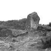 View of recumbent stone and pillars.
Original negative captioned: 'Stone Circle at Dunnideer viewed from North East April 1906'.