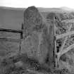 View of repositioned standing stone.
Original negative captioned: 'The Liggars Stone Harlaw, now used as gatepost 1911'.