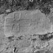 View of slab bearing incised outline of cross.
Original negative captioned: 'Old Cross in Wall at Seaton Road Aberdeen June 1919'.