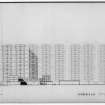 Glasgow, Hutchesontown, Area C.
Photographic copy of drawing showing elevation, trees and people.
Titled: ' GD 9  Gorbals Comprehensive Development Third Development Area Apartments SW Elevation' 
Insc: 'Basil Spence ARA & Partners.'