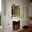 Interior view of the ornate fireplace and mirror on the West wall of the first floor drawing room.