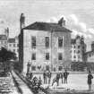 Drawing showing men bowling on the green at the rear of Archers' Hall, Edinburgh. Seen from the West, with the buildings of Buccleuch Street in the background.