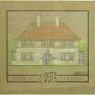 Presentation board showing ground floor plan and South elevation of a private house.
Title: 'House at Colinton'.
Scanned image of E 1231 CN.                                                                                                                                                                                                                                                                                                                                                                                                                                                                                                                                                               
Insc: 'Leslie G. Thomson A.R.I.B.A. F.S.A. Scot. 10 St. Colme Street. Edinburgh.'