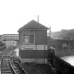 View from NNW showing NNW front of signal box with part of footbridge in background, Galashiels railway station