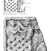 Drawing of the sculptured stone fragment, with a conjectural reconstruction.