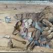 Dumbuck crannog excavation.
Titled:  'Crannog No 9-10. Cleaning the refuse [bed?]'.