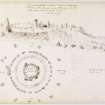 Annotated drawing and plan of stone circle from album, page 65.  Digital image of KCD/114/1/P.