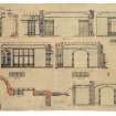 Sections and elevations of drawing room including details of windows, doors, fireplaces, ceiling, panelling, arches and oriel.
Scanned image of E 26024 CN.