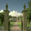 View from South, through ornamental gates of garden front. Digital image of E/7349/CN.