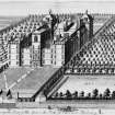 Scanned image of engraving showing general view of George Heriot's School, incorrectly described in Theatraum Scotiae as 'Being the Seat of His Grace the Duke of Athol near Aberdeen' or 'Boghengieght' or 'Bog of Gight'.  
A later correction ascribes the engraving as 'Heriot's Hospital' (see Cavers K, A Vision of Scotland, 1993).
Copied from the Theatrum Scotiae by John Slezer.