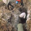 Copy of colour slide showing detail of excavation at Tor A'Chorcain, Langwell  - 
Work in progress on wall section - Bird's eye view of workers on vit. wall section OP-8
NMRS Survey of Private Collection
Digital Image only