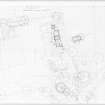 Digital copy of excavation drawing: Preston Hawe.
General plan showing location of earthworks and trenches of the various excavation areas and buildings A, B, C, D, and E.