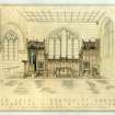 Interior perspective presentation drawing of the Parish Church Of The Holy Trinity showing memorial niche and panelling at chancel.
Insc: 'Leslie Grahame - Thomson R.S.A. F.R.I.B.A. Architect 6 Ainslie Place Edinburgh 3.'
