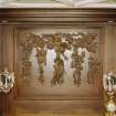 Interior, principal floor, dining-room, detail of carved wooden panel above fireplace.
Digital image of D 41634/cn