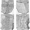 Faces of two cross slabs showing symbols.
Stone held at Pictavia.
Signed: 'JB'