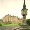General view of Newbattle Abbey House and sundial in garden from south east