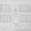 Digital image of pencil drawings of dining-room wood panelling on N, S, E and W walls and details of cornice, pilaster, pedestal, fireplace, jambs and chair rails.
Signed 'Stanislaw Tyrowitz S.A.R.P.'.