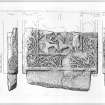 Lower portion of broken cross-slab, now in the Museum of Scotland (IB 190).
Drawing shows reverse and edges of slab.