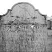 View of gravestone of John Inglis, 1799, intricate carving of a topsail gaff cutter ship.
Digital image of AN 6629.