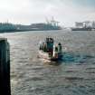 View from ESE showing Kelvinhaugh 'Wee' ferry approaching Kelvinhaugh Wharf