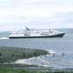 View from ENE showing P&O Jetliner having left harbour