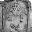Peebles, Old Town, Old St. Andrew's Church, cemetery.
General view of the headstone of Alexander Horsburgh, died 1737. Twisted pilasters with incised block capitals and pointed pediment enclosing winged soul, skull, hourglass and crossed bones.
Insc: 'Fugit Hora' and 'Memento Mori'.