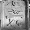 Dunning, St. Serf's Parish Church.
General view of the gravestone of William Frazer, 1756. Winged soul, plough, 'Memento Mori' ribbon, crossed bones and skull.
Scanned image of A 37031 PO