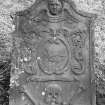 Forgandenny Parish Churchyard.
General view of the gravestone commemorating Alexander Robertson, 1783. Winged soul, panel with plough, 'Memento Mori' ribbon, skull and two bones.
Digital image of A 37034 PO