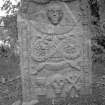 Logierait Parish Church.
General view of gravestone commemorating Margaret McIntosh, 1800. Winged Soul over sock and coulter of the plough, arrow of death, hourglass, skull and crossed bones, linked by a thread of life.
Digital image of PT 15099.