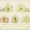 East and west elevations, and three sections through chancel arch, and the east and west ends, Eynhallow Monastery.  Copied by W Galloway, 1868, after H Dryden, 1866.