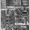 Engraving showing "The Industrial Museum. 1-Exterior; 2-The Great Hall; 3-The Natural History Room."