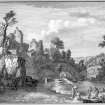Scanned image of engraving showing view of the Falls of Corra Linn on the River Clyde.