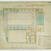 Upper floor plan of public baths, Infirmary Street, Edinburgh.
u.s.   Dated "City Chambers  February 1886"
Plan referred to in offer of 1 & 2 March 1886 signed by mason, Geo Gilroy & Co; joiner, Brunnie S Scott; plumber, Morrison & Hume; plasterer, John Ross; slater, T Lamb & Sons; engineers, Mackenzie & Moncur, A Bell & Son. The black scale on the right hand side is in inches.