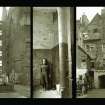 Composite of 3 scanned images: 
SC862079 General view within courtyard of Craig's Close with 5 children sitting on steps.
SC460296 View in Dickson's Close with young girl (about 8 years old) standing at bottom of stairs.
SC862077 Rear view of Huntly House from Bakehouse Close.