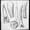 Scanned image of a drawing of six artefacts, of bone and stone.