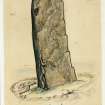 Scanned image of a drawing of a standing stone, entitled: 'Stone Lud. Earl Liot. 672'.