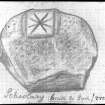Scanned image of a pencil drawing of an artefact, entitled: 'Schoolary. Beside the Broch/oven'. See also PPD 18B (SC 875785).