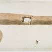 Watercolour of a wooden artefact with a slot in it.