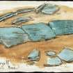 Digital copy of a watercolour of a stone-built feature, titled: 'Ackergill 1902 Mound'. Verso: 'Floor found in Mound'.