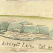 Scanned image of watercolour drawing of a Pictish long cist from excavations by Sir Francis Tress Barry at Ackergill Links. Titled ' Ackergill Links Cist No. 1.  Note pillow'. Verso: 'Cist in Sand Hills near Nadod's Stone 1902'