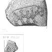 Digital image of drawing of Burghead bull slab no 3 and fragment no 9